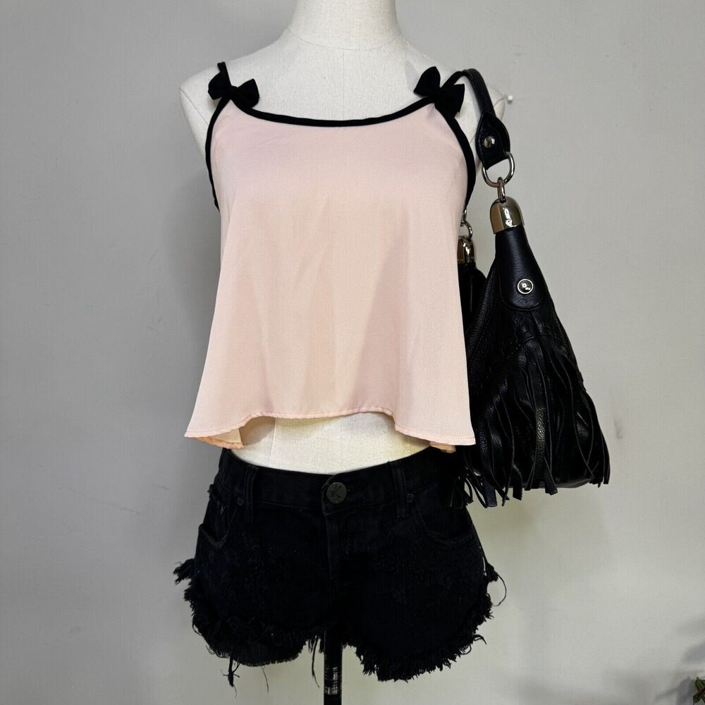 Vtg Y2k Pink Black Babydoll Cami Crop Top Indie Coquette Whimsygoth Girlcore S